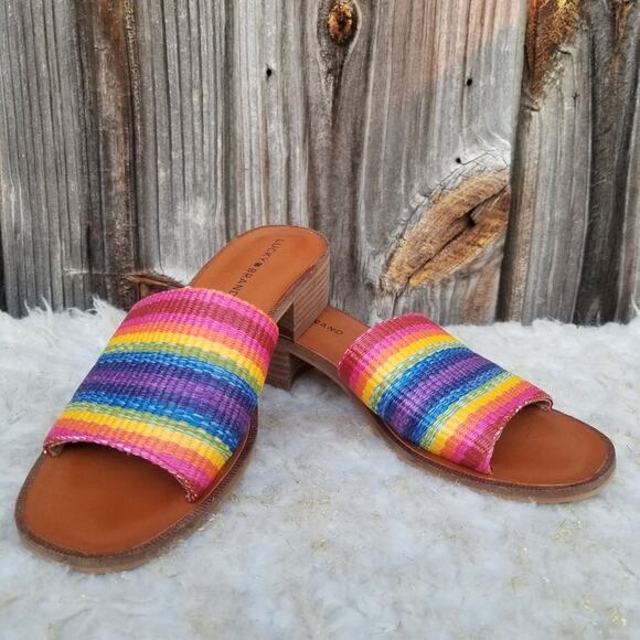 Rainbow Stripe Sandals Lucky Brand Frijana Slide Size 8.5 Pride Kidcore Mule EUC - Picture 2 of 13